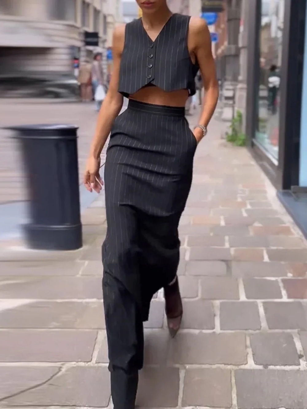 Pinstripe Vest and High-Waist Skirt Set - Picture 2 of 8